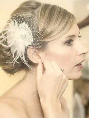 White Feather and French Netting Bridal Hair Fascinator with Rhinestones Accent